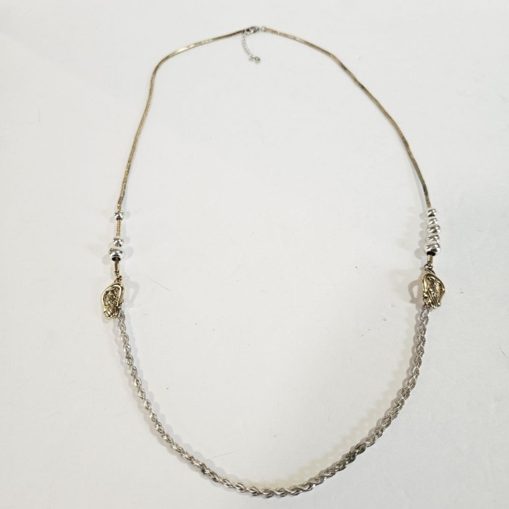 Vintage Etienne Aigner Buckle Detail Long Silver Gold Tone Statement Necklace